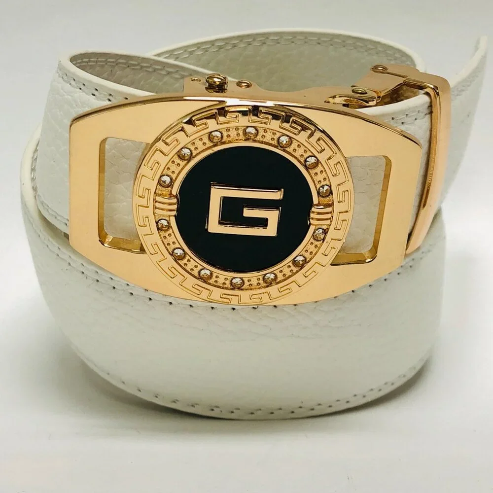 Fashion Leather Gold Slide White Men's Belt‎ Automatic G Buckle Jeans Dresss New